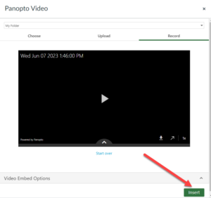Panopto window with video and arrow pointing at Insert button