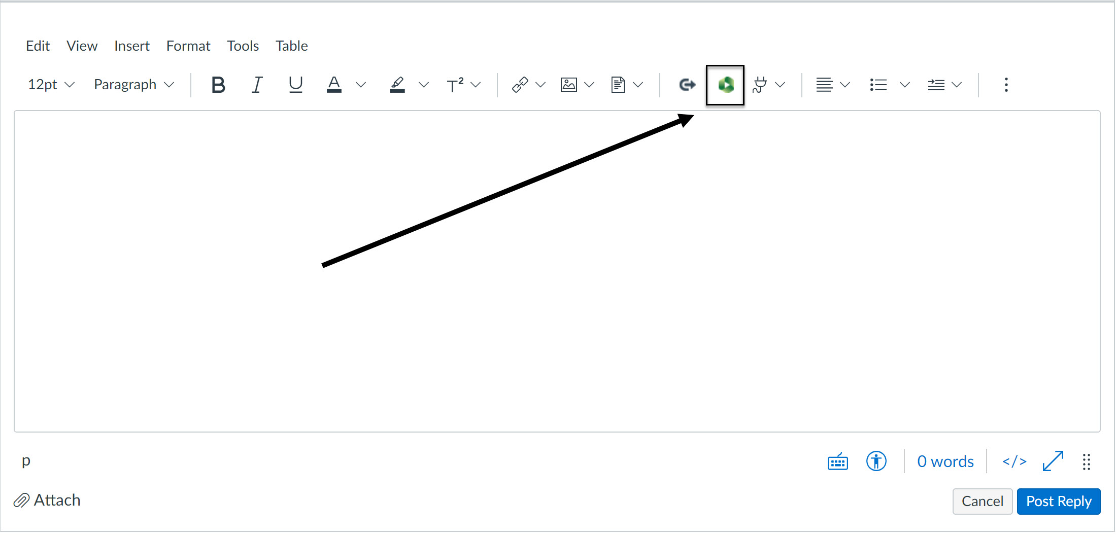 An arrow pointing at the Panopto button in the rich content editor in Canvas.