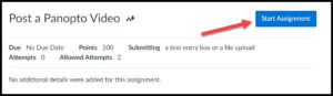 Canvas Assignment page in student view mode with red arrow pointing at blue Start Assignment button
