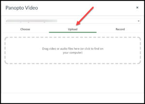 Screenshot of Panopto Upload interface with red arrow pointing at Upload