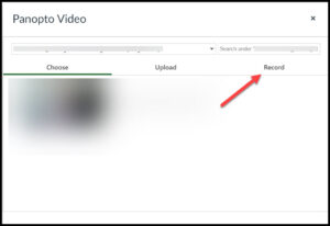 Screenshot of Panopto interface to record with red arrow pointing at Record