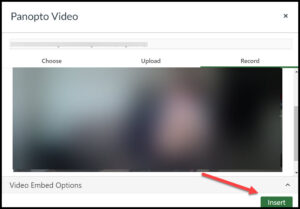 Screenshot of Panopto video in rich content editor with red arrow pointing at green Insert button 