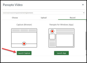 Panoopto interface with Launch Capture and Launch App with red arrow pointing at Launch Capture