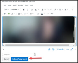 Panopto video in rich content editor with red arrow pointing at blue Submit Assignment button